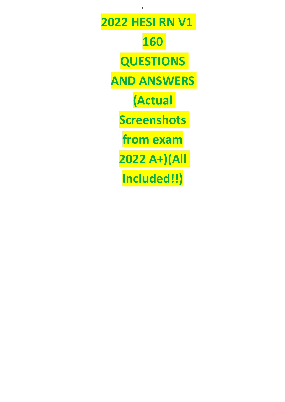 Preview image for 2022 HESI RN V21 160 QUESTIONS AND ANSWERS (Actual Screenshots from exam 2022 A+)(All Included!!)
